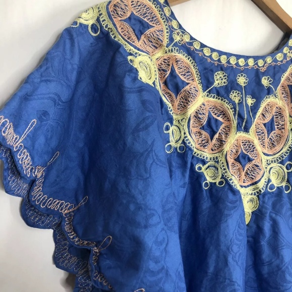 Mumu Oversized House Dress Kimono Tunic Embroidered Blue Yellow Peach - Picture 4 of 7